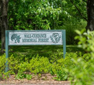 A wooden sign engraved with the text "Wall-Custance Memorial Forest"